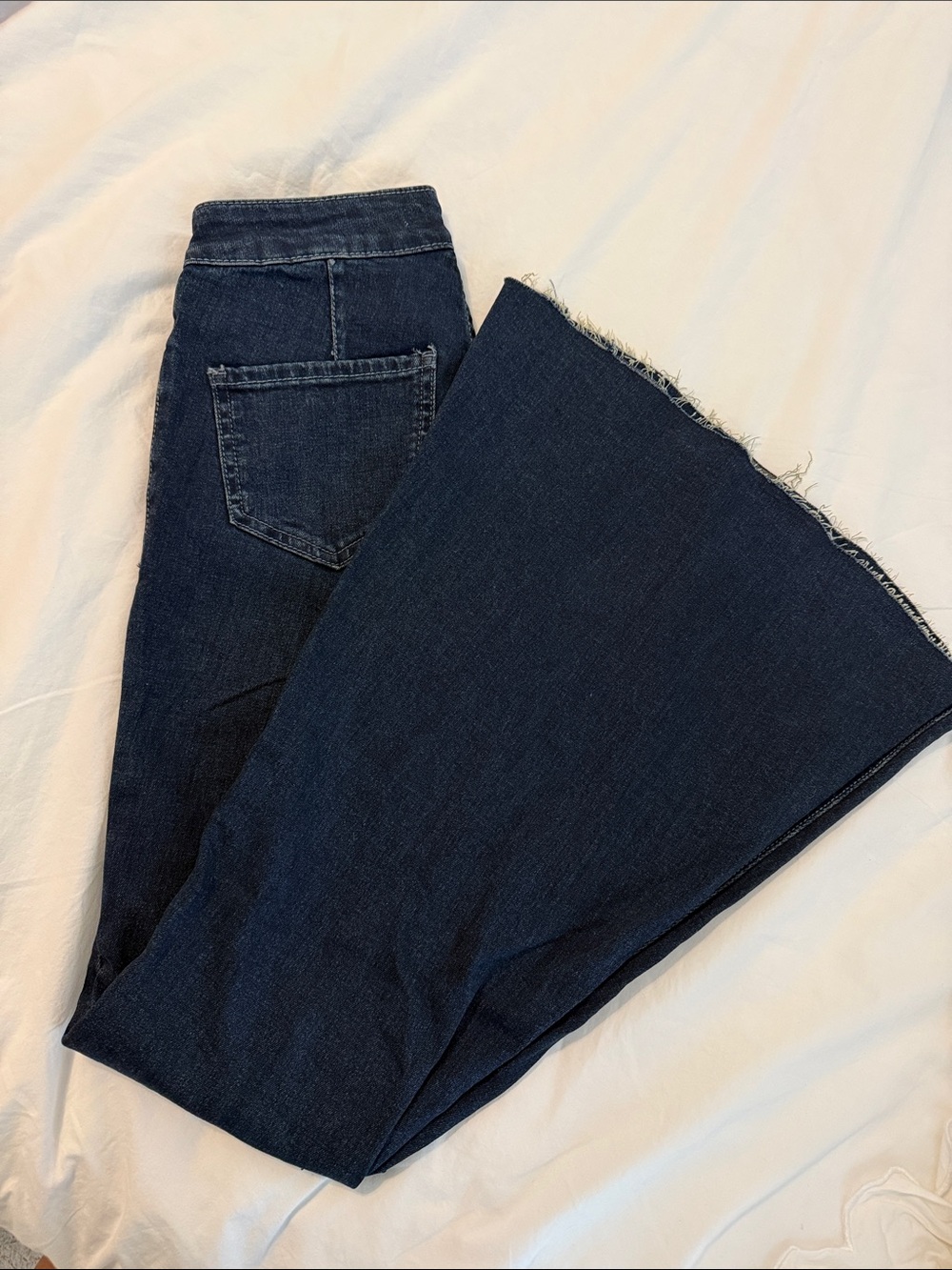 High-Rise Dark Blue Bell bottom Jeans with Raw Hem